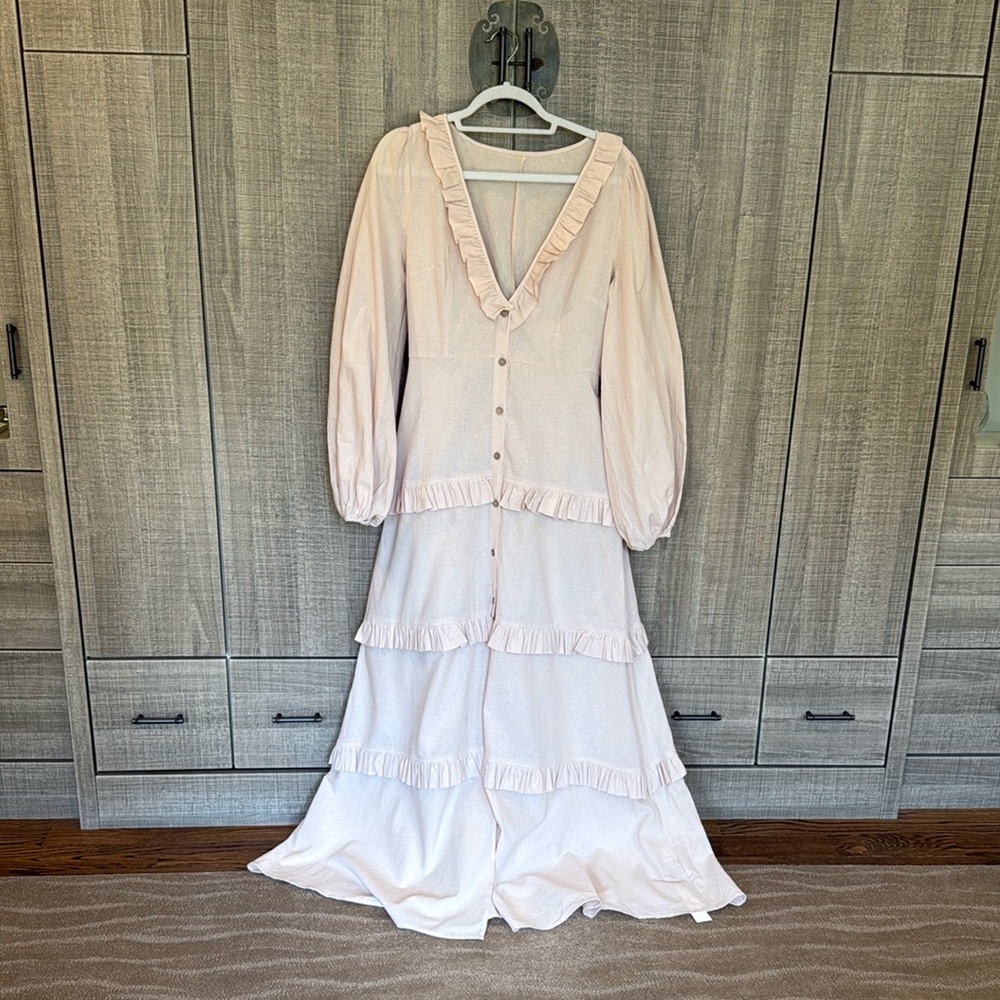 Commense Cotton & Linen Semi-Sheer Ruffle Trim Long‎ Dress